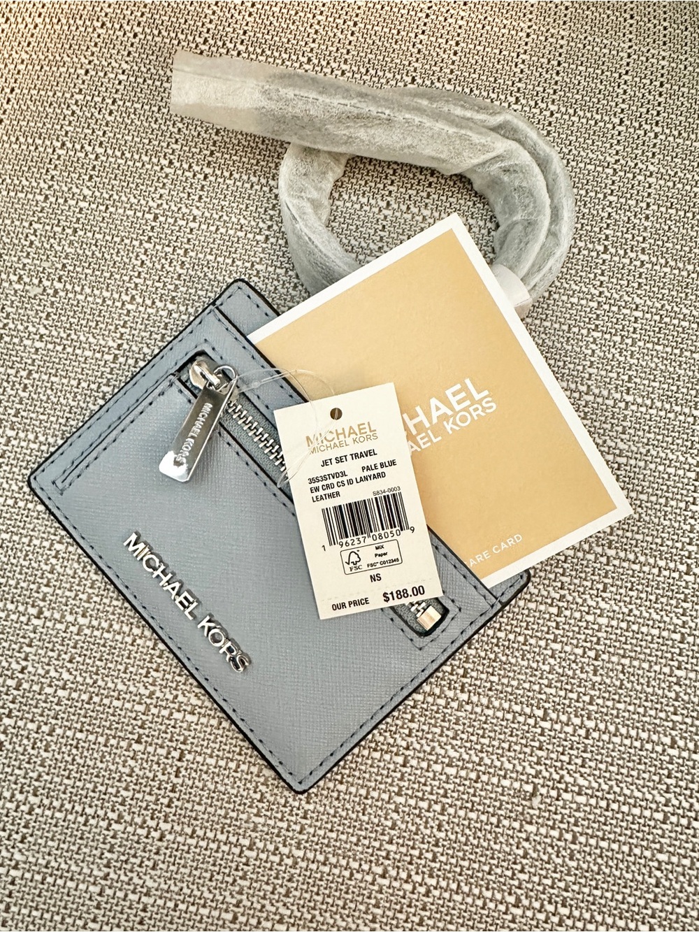Michael Kors Pale Blue Jet Set Travel Card Holder Lanyard with Zip Pocket